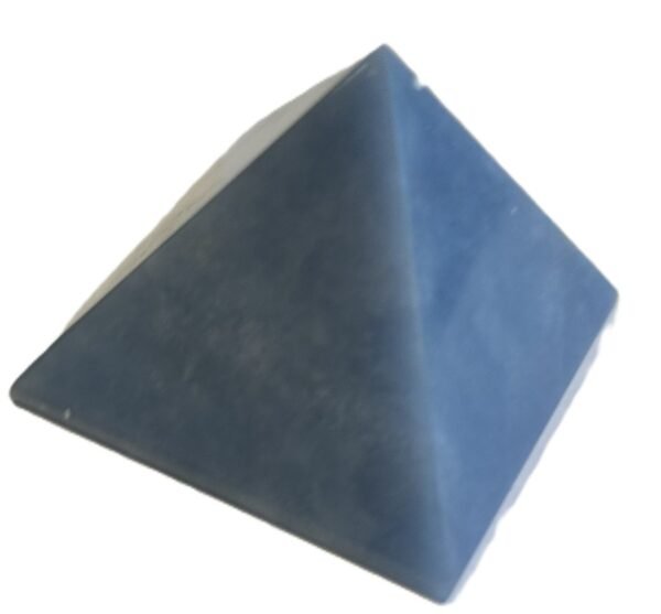 Polished natural angelite crystal pyramid2 sians emporium Polished blue angelite four sided pyramid showing natural white veining and earthy inclusions on a white background